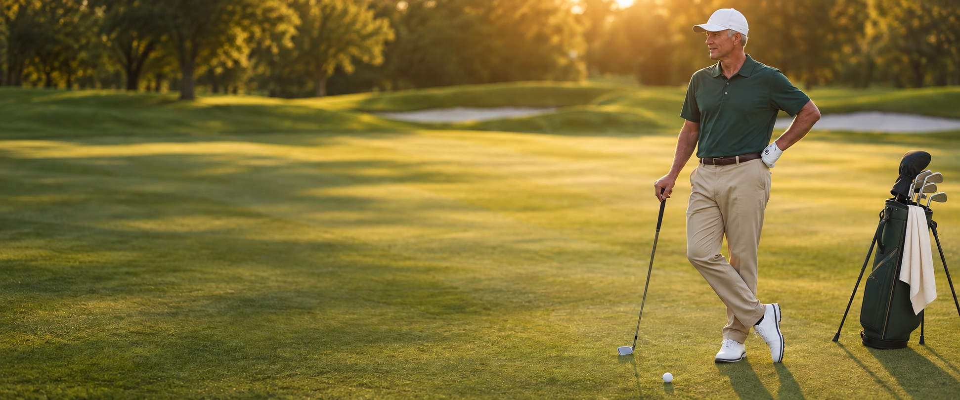 Golfer on the fairway at golden hour